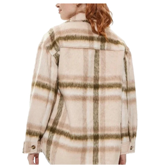 American Eagle Womens Cream Fuzzy Plaid Chore Shacket Gorpcore Outdoor Small - Picture 3 of 10